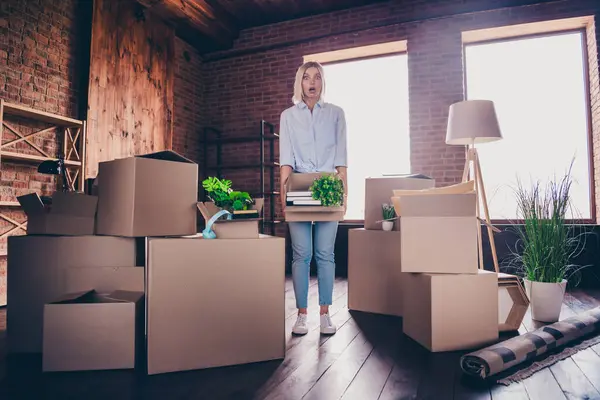 stock image Full length photo of lovely cheerful girl frightened amazed reaction dressed shirt jeans buy move new spacious house indoors room.