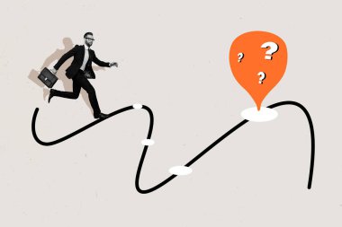 Composite photo collage of serious businessman run road dilemma question mark surprise development plan isolated on painted background. clipart