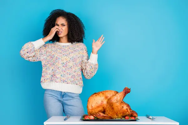 stock image Photo portrait of attractive young woman celebrate thanksgiving smell spoiled dinner turkey isolated on blue color background.