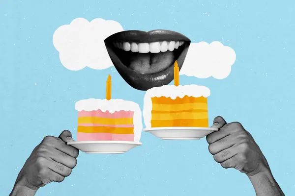 stock image Composite trend artwork sketch image collage of happy birthday greeting card young lady mouth smile teeth hand hold dish cupcake candle.