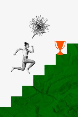 Vertical collage poster young woman climb upstairs award prize challange competition achieve goal aim target leadership first place cup. clipart