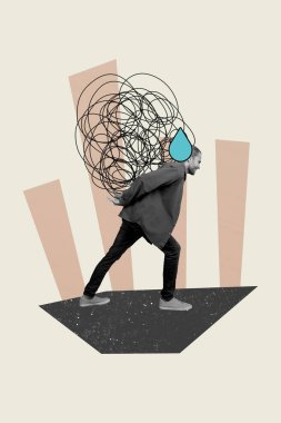 Vertical photo collage of upset depressed man carry scribble thoughts mess workload pressure business isolated on painted background. clipart