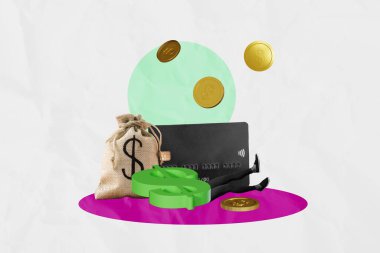 Trend artwork 3D sketch photo collage of income money budget rich coins bank credit card bodyless man legs laying down dollar usd symbol. clipart