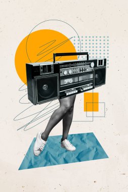 Vertical photo collage of sexy female legs instead body retro boombox player music party weekend occasion isolated on painted background. clipart