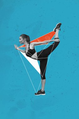 Trend artwork composite sketch image 3D photo collage of sport active moving ads sportswear young lady meditating yoga keep balance leg. clipart