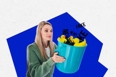 Composite photo collage of minded blonde girl hold bucket fake news collect disinformation duck rubber toy isolated on painted background. clipart