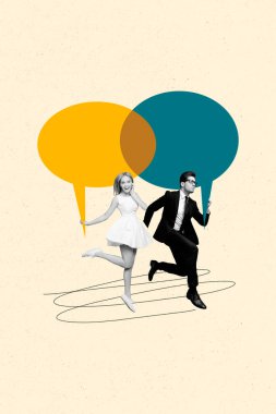 Vertical photo collage of two happy girl serious man couple run jump colorful bubble communication isolated on painted background. clipart