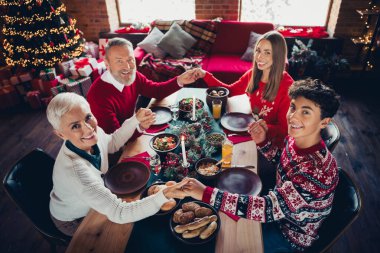 High angle view photo of four peaceful family members hold arms pray celebrate christmas dinner apartment indoors. clipart