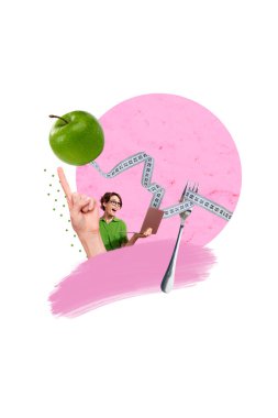 Composite trend artwork 3D sketch image photo collage of young lady work laptop huge hand finger point up fork kitchen dieting ruler apple. clipart