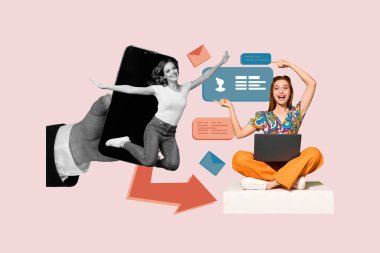 Composite photo collage of two happy girls distance correspondence arrow letter icon mail laptop phone device isolated on painted background. clipart