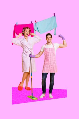 Composite trend artwork 3D sketch image collage of young age couple man lady clean house together family domestic chores laundry mop wash. clipart