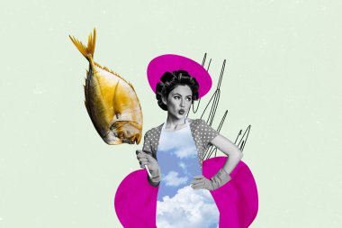 Composite trend artwork 3D sketch image photo collage of young lady pinup style hairdo housewife kitchen cooking hand hold fried fish. clipart