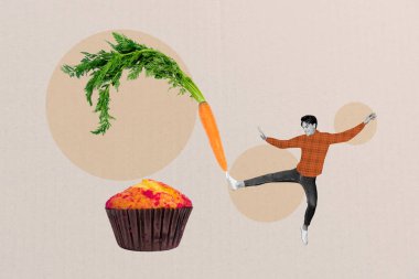 Composite trend artwork sketch image collage of miniature young guy stand leg hold huge carrot cupcake sweet bakery vegetable natural. clipart