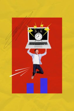 Vertical photo collage of unhappy businessman hold laptop device alarm clock bell lightning regime workload isolated on painted background. clipart