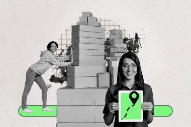 Composite trend artwork photo collage of world map tablet location point delivery service two young lady courier push pile boxes storage. clipart