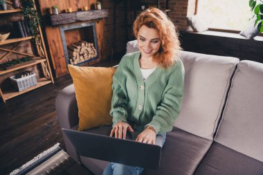 Photo of adorable sweet lady wear green cardigan chatting instagram twitter telegram facebook indoors room home house. clipart