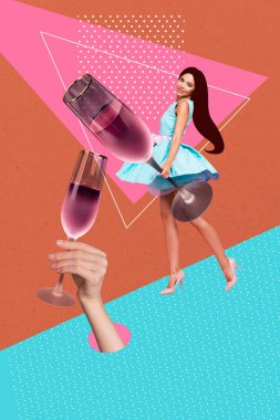 Vertical photo collage of happy glamour girl wear dress hold champagne glass wine beverage toast friday isolated on painted background. clipart