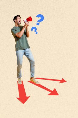 Vertical poster collage young man scream announce information loudspeaker question mark arrows direction proclaim drawing background. clipart