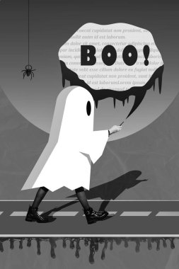 Collage photo invitation scary girl wear white ghost costume trick or treat hold phone frightening isolated on painted bloody road background. clipart