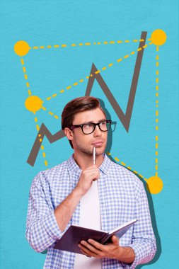 Vertical photo collage of minded businessman hold planner pen think graph development plan success solution isolated on painted background. clipart