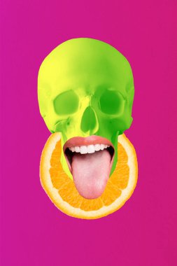 Sketch image artwork composite 3D photo collage of feeding dinner restaurant cooking meal orange citrus slice bone skull mouth lips tongue. clipart