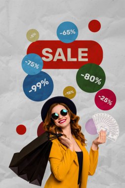 Vertical photo collage of happy glamour girl hold dollar cash black friday promo pow price percent shopper isolated on painted background. clipart