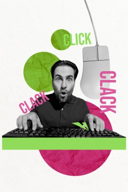 Trend artwork creative sketch 3D photo collage of keyboard type press button wire mouse click young guy emoji shocked user hacker. clipart