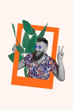 Vertical photo collage of happy hipster man blogger inside instagram post palm leaves show hello gesture isolated on painted background. clipart