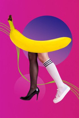 Trend artwork template design 3D collage sketch of dinner cook culinary tasty organic banana fruit body legs walk wear different shoes. clipart