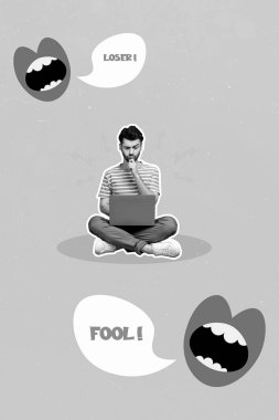 Photo sketch collage graphics artwork picture of depressed guy getting hate messages modern device isolated drawing background. clipart