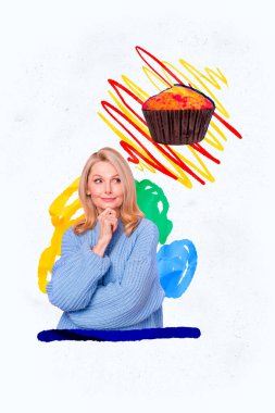 Vertical collage mature woman think touch chin decide imagination think cupcake bakery delicious dessert meal food drawing background. clipart