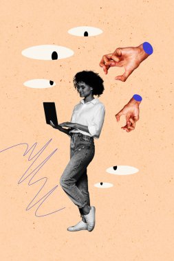 Composite trend artwork sketch image photo collage of eye watch cyberspace hacker illustration young lady work laptop hand gesture catch. clipart