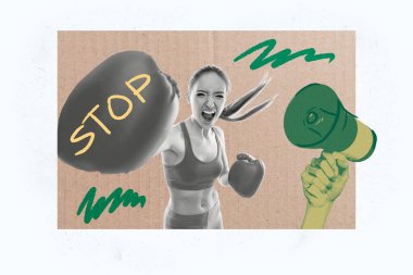 Creative collage young sporty woman boxer punch kick announce information loudspeaker stop bullying offense drawing background. clipart