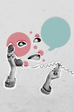 Creative trend artwork design 3D collage sketch of eyes look escape vision control scrutiny spy watch hand hold landline phone call talk. clipart