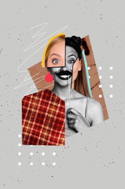 Poster sketch image artwork photo collage of weird portrait young lady smile funny foolish hand hold decor mustache two different person. clipart