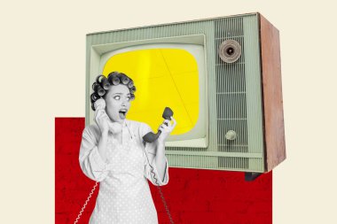 Exclusive art banner collage of shocked housemaid hold telephone handset old-fashioned television broadcast call center operator. clipart