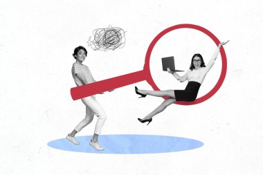 3d sketch poster trend collage image of two puzzled happy girls business colleagues hold zoom lens magnifier laptop freelance. clipart