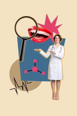 Art image vertical photo collage of happy girl doctor wear robe show faceless smile teeth mouth magnifier dentist examination. clipart