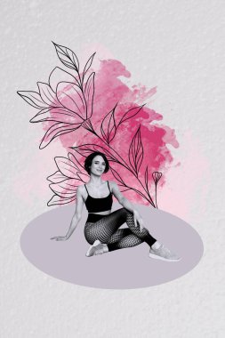 Composite sketch image design trend artwork collage of illustration flower nature young lady sportswear training sit down relax stretching. clipart