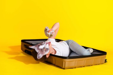 A young girl dressed in casual attire, wearing a cat-themed mask, playfully poses from inside a suitcase against a solid yellow background, creating a fun and imaginative scene. clipart