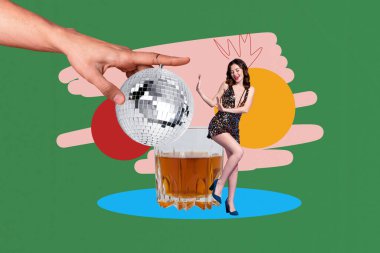 Trend artwork banner photo collage of hand hold disco ball retro party cognac glass young lady dance night leisure clubber entertainment. clipart