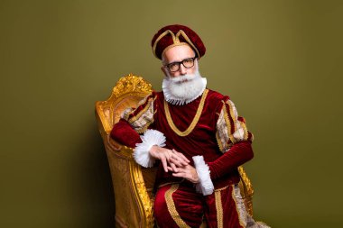 A distinguished elderly man dressed as a nobleman from the Renaissance period seated on an antique golden chair with a relaxed expression, surrounded by elegance and poise clipart