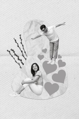 Creative photo collage poster postcard magazine sketch of cute couple meeting first time nature relax rest isolated on drawing background. clipart