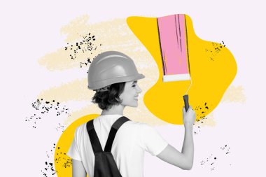 Creative trend artwork design 3D collage sketch of young lady smile wear helmet draw wall design uniform repair worker master industrial. clipart