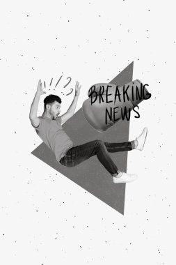 Digital creative pop collage of air flying guy overwhelmed breaking news on drawing painting background. clipart