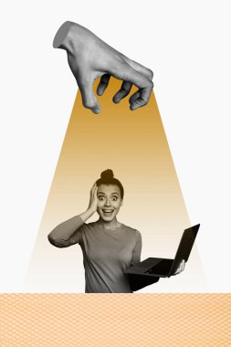 Art image vertical photo collage of shocked girl hold laptop hand show ray pressure cyberbully problem stereotype manipulation. clipart