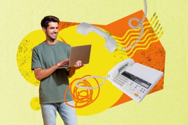 Composite art 3d creative image collage of happy freelancer guy hold laptop browsing telephone handset telecommunication concept. clipart