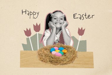 Composite photo collage of happy small girl sit straw nest easter egg craft colorful preparation painting isolated on painted background. clipart