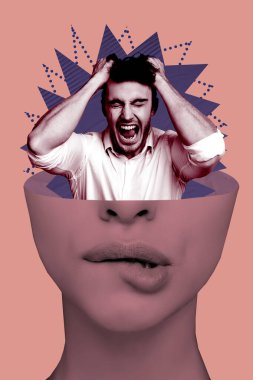 Trend artwork sketch design montage 3D collage of abstract woman half head bite lips man appear shout loud voice crisis depressed mind. clipart
