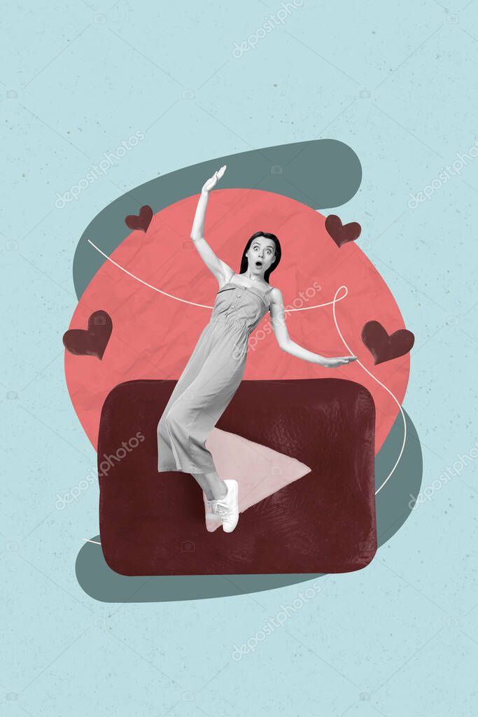 Vertical contemporary photo collage of shocked blogger girl stand player button heart like notification social network content.